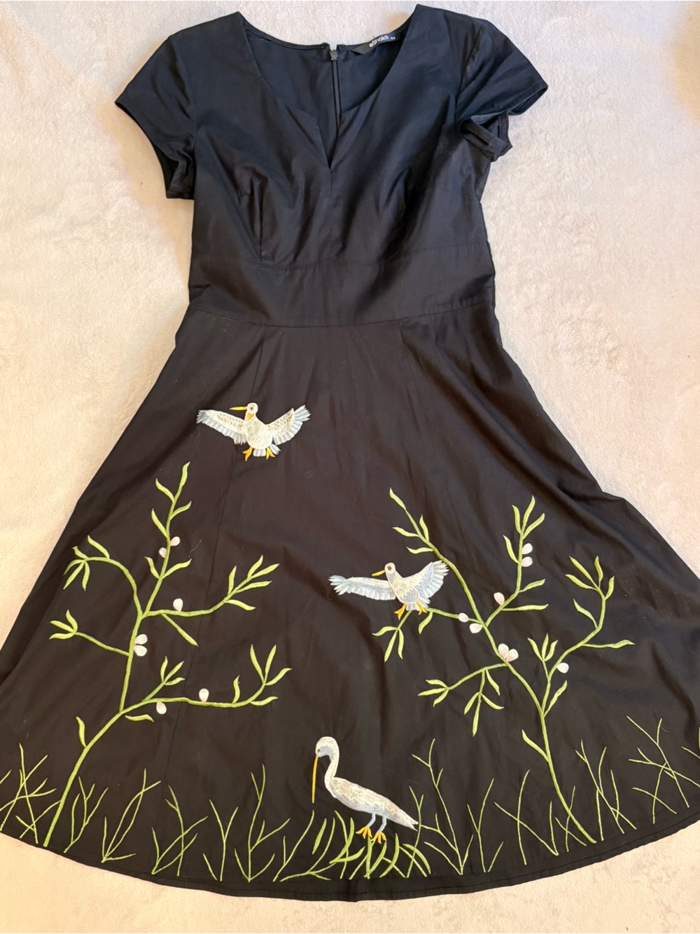 eshakti Black Fit-and-Flare Dress with Green & White Bird Embroidery Sz 6